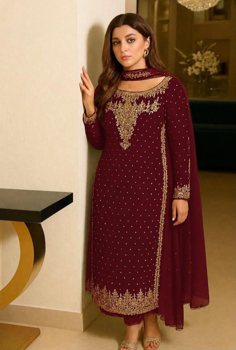 Embroidered chiffon with adda work 