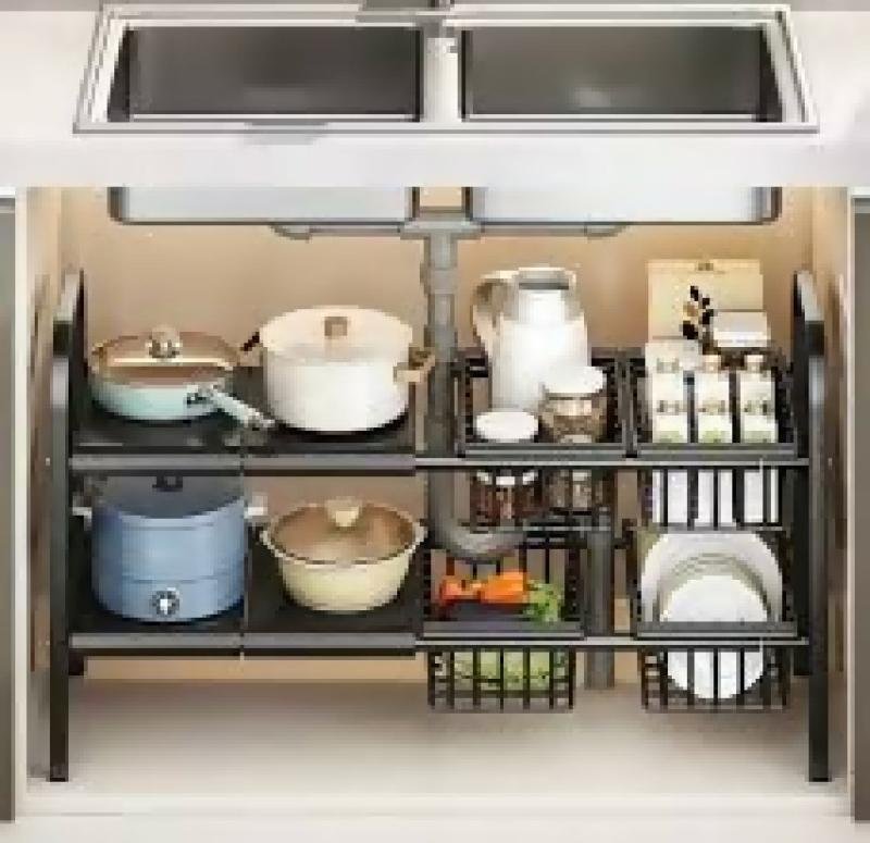 Expandable Under Sink Organizer 2 Tier Carbon Steel Storage Rack for Double Sink Cabinet