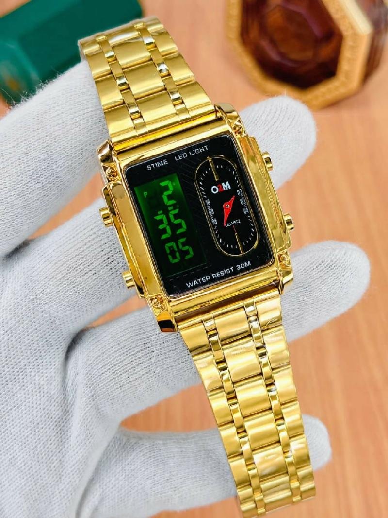 Luxury Gold Dual Display Mens Watch Analog Digital LED Stainless Steel