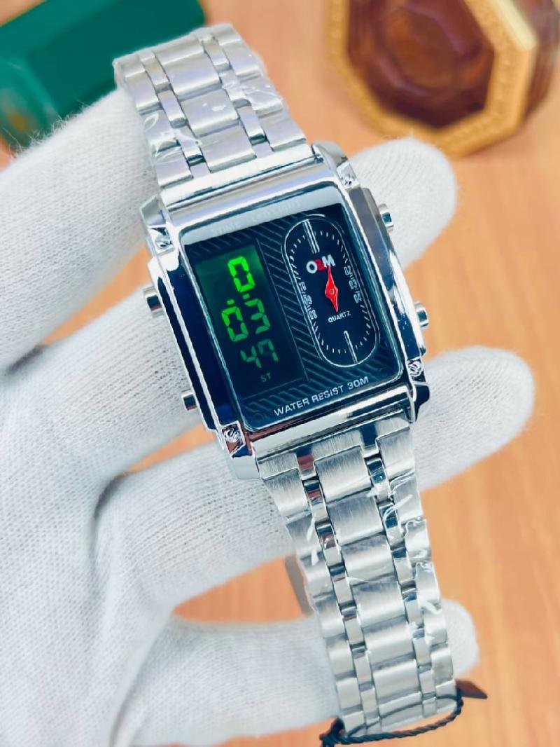 Silver Chain Black Dial Dual Display Men s Watch Analog Digital LED Stainless Steel