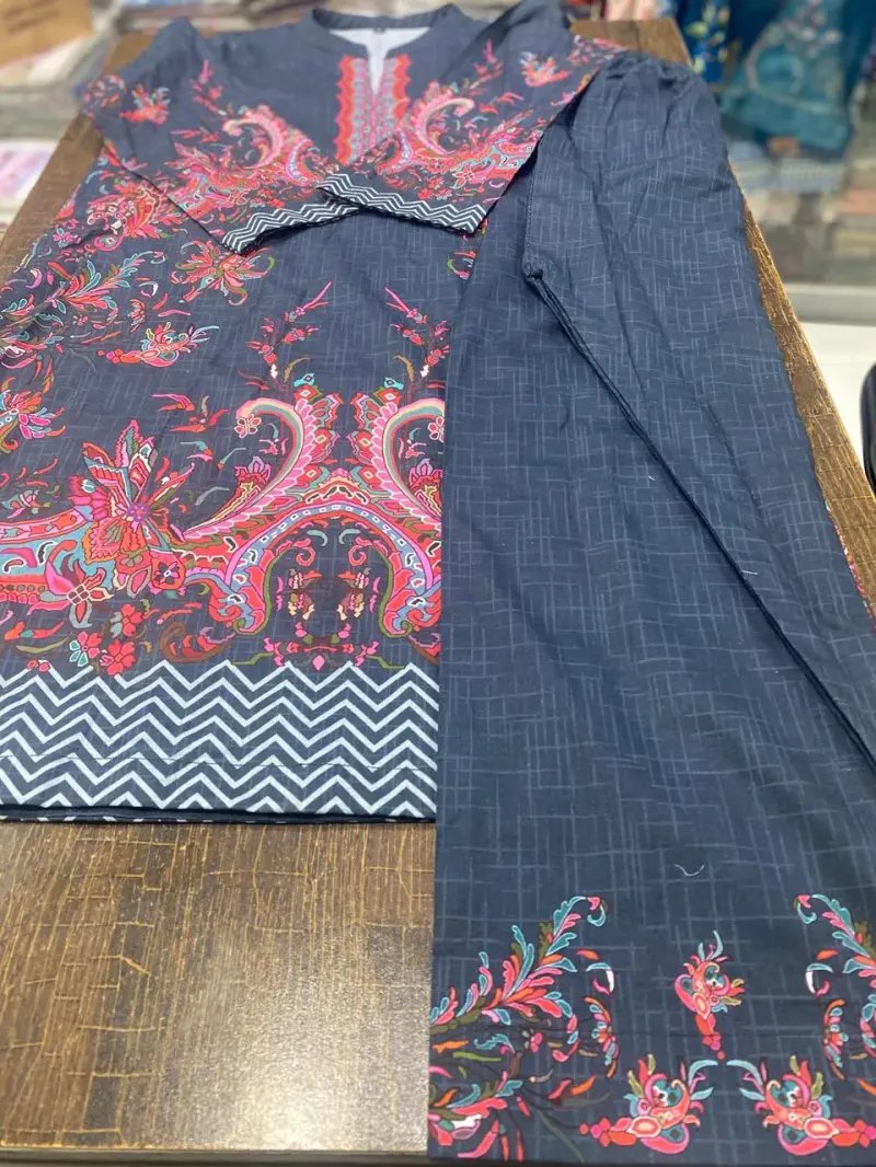 Women's multi colour ban collar lawn suit set medium to xl